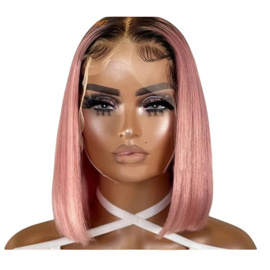 RitzWigs pink ombre straight bob human hair wig with transparent lace front on a mannequin head