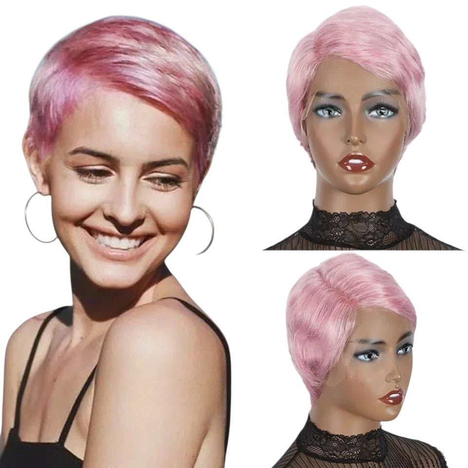 RitzWigs pink pixie cut human hair wig with lace front on a mannequin and a smiling woman wearing the same style.