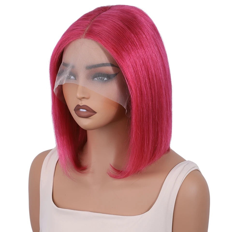 RitzWigs bright pink straight human hair bob wig with 13x5x1 lace front on a mannequin head