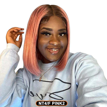 RitzWigs short straight bob wig in a soft pink shade with a natural lace front on a smiling woman