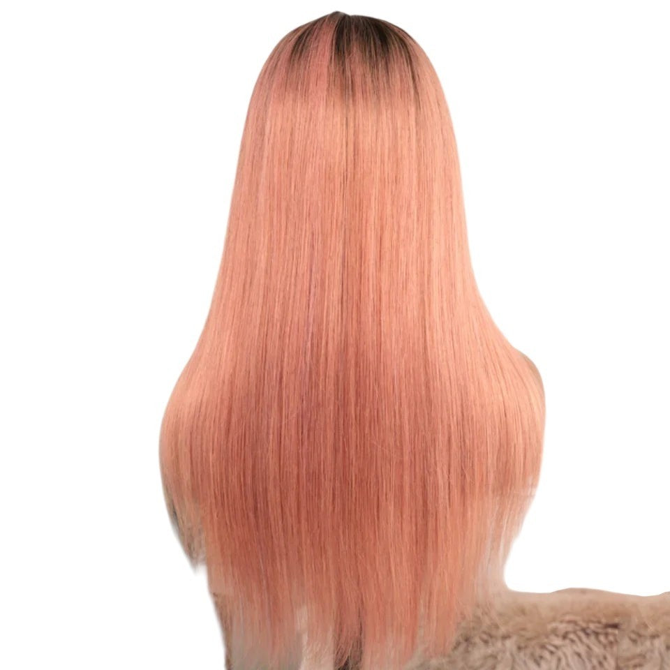 RitzWigs pink straight human hair lace front wig with dark roots, shown from the back on a mannequin head.