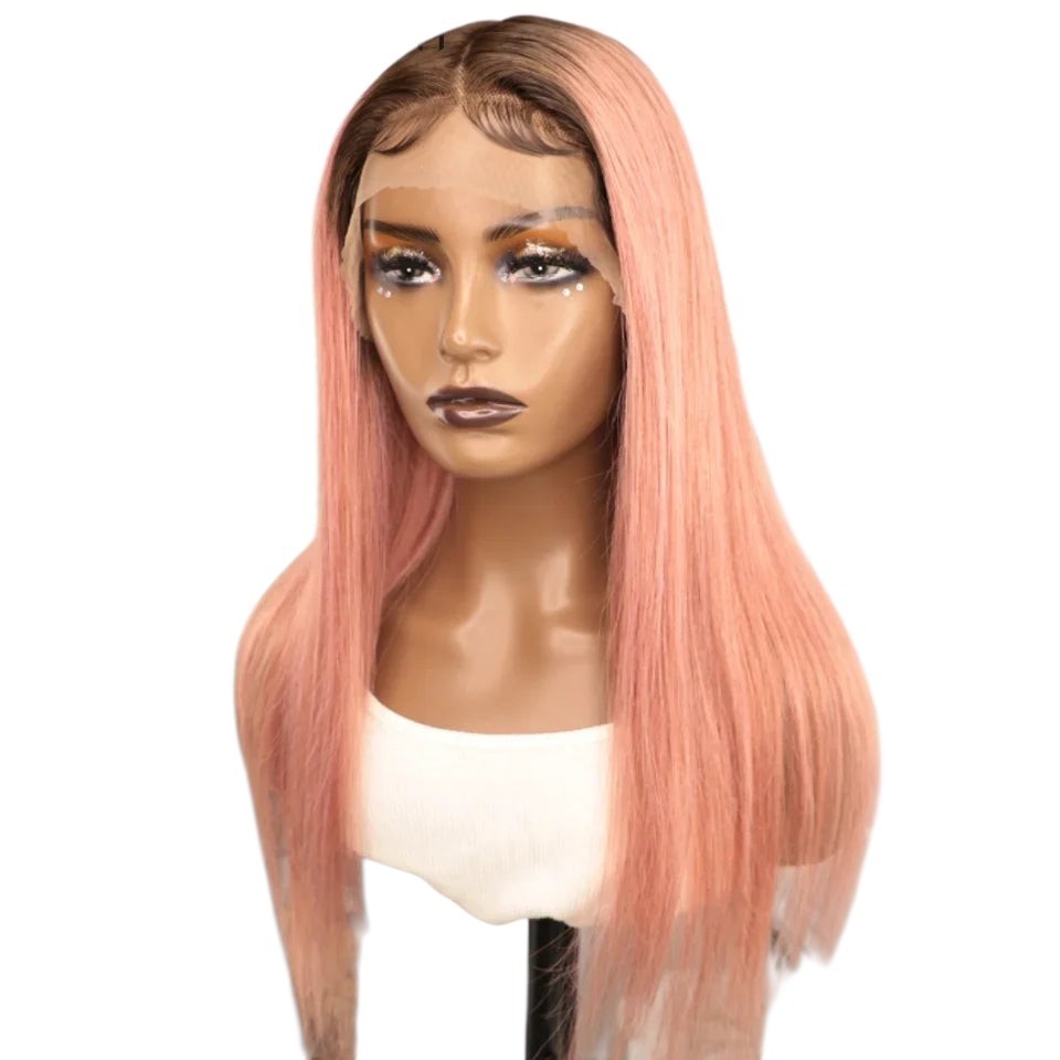 RitzWigs straight pink human hair lace front wig with dark roots on a mannequin head with transparent lace