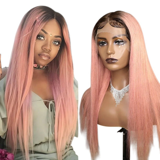 RitzWigs pink straight human hair lace front wig with dark roots and transparent lace on a mannequin and model