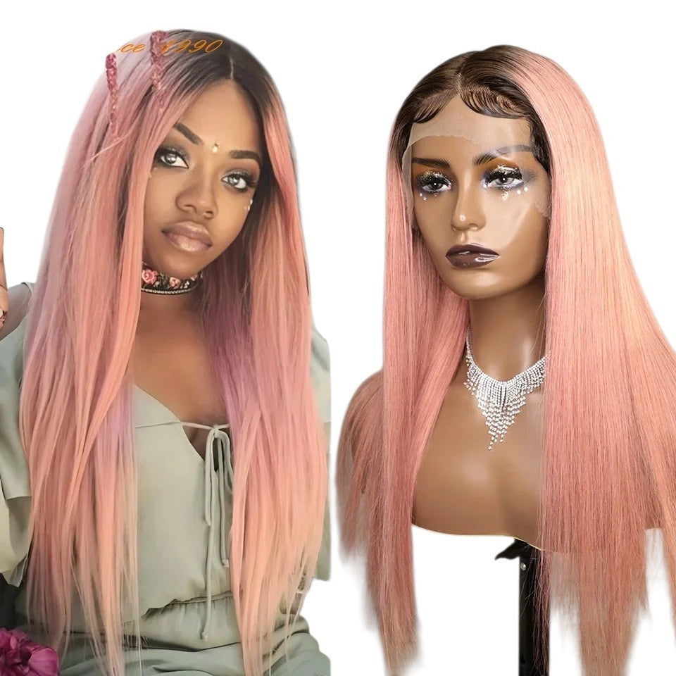 RitzWigs pink straight human hair lace front wig with dark roots and transparent lace on a mannequin head