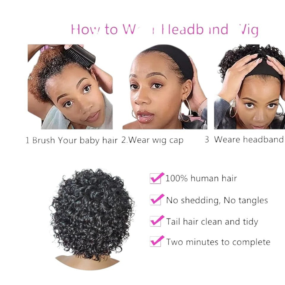 RitzWigs pixie cut headband wig with natural black jerry curl human hair shown in a step-by-step application guide