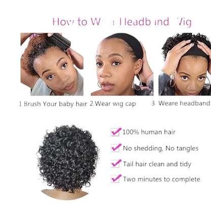 RitzWigs pixie cut headband wig with natural black jerry curl human hair shown in a step-by-step application guide