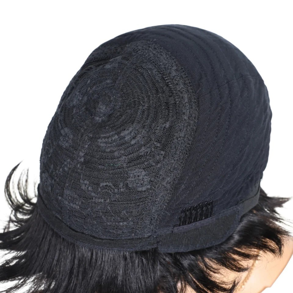 RitzWigs short pixie cut human hair wig interior showing the black breathable machine-made cap construction