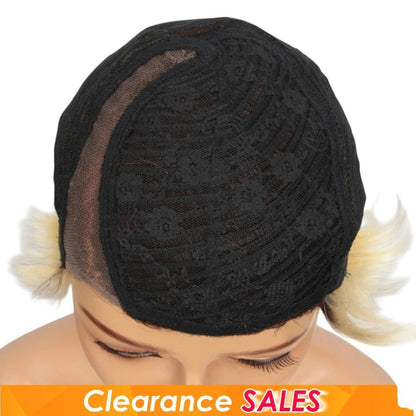 RitzWigs short pixie wig cap interior showing black lace construction and blonde hair edges on a mannequin head