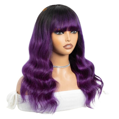 RitzWigs 22-inch T1B purple body wave human hair wig with bangs on a mannequin head