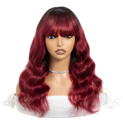 RitzWigs 22-inch T1B purple body wave human hair wig with bangs on a mannequin head