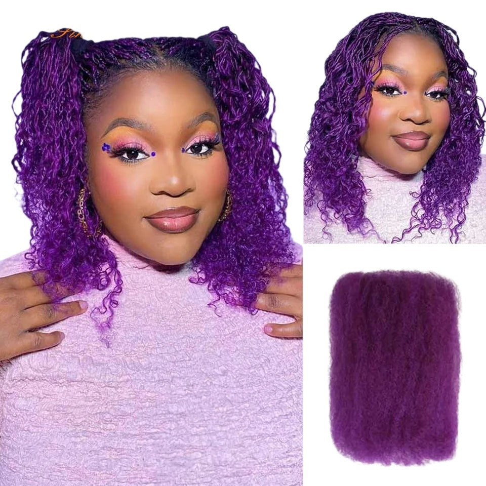 RitzWigs purple kinky curly human hair extensions worn by a model with matching makeup and a bundle of bulk hair.