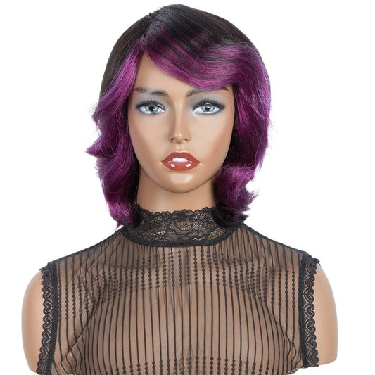 RitzWigs short wavy Brazilian Remy human hair wig with purple ombre highlights and bangs on a mannequin