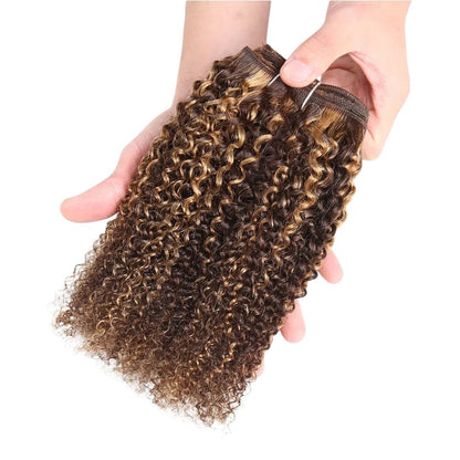RitzWigs Rebecca Afro Kinky Wave curly human hair bundle in ombre P4-27 brown and blonde tones with machine double weft