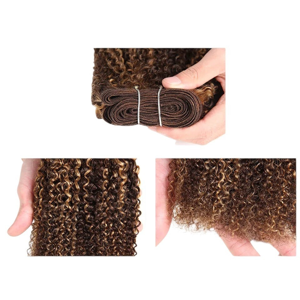 RitzWigs Rebecca Afro Kinky Wave curly human hair weave bundle in ombre brown and blonde tones with machine double weft