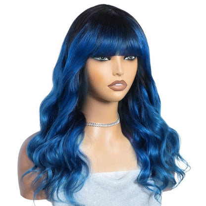 RitzWigs Rebecca T1B blue body wave human hair wig with bangs on a mannequin head