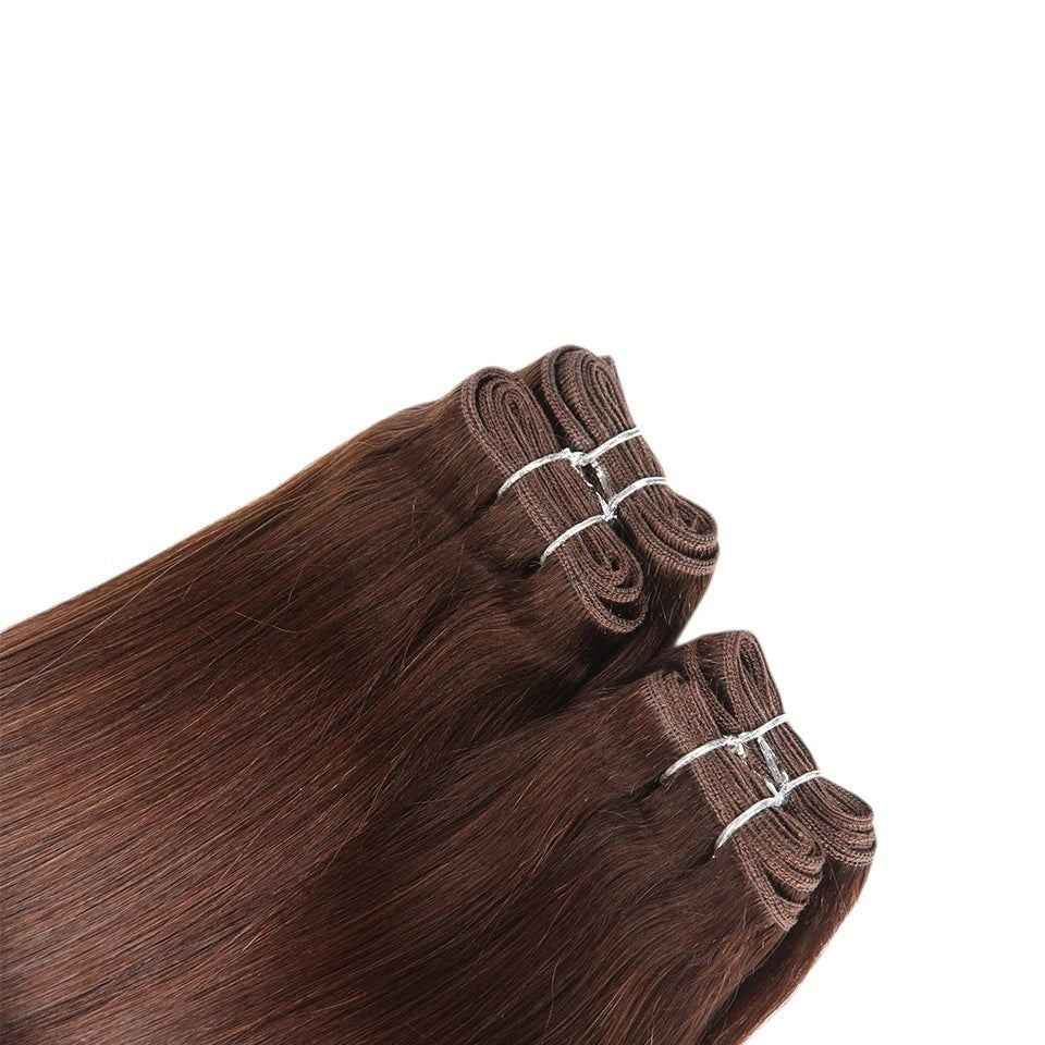RitzWigs Rebecca straight human hair weave bundles in a rich brown shade for sew-in application.