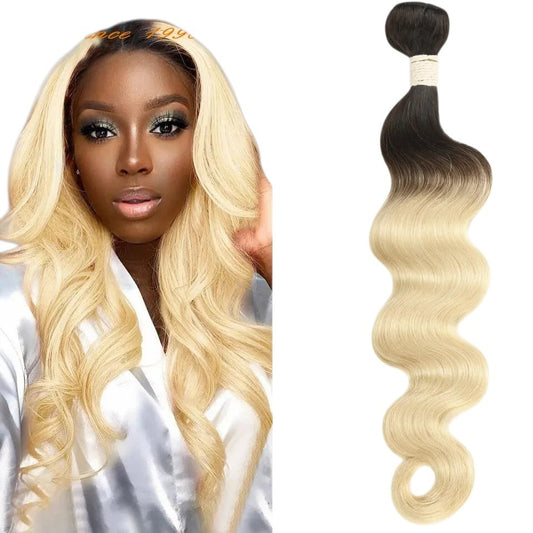 RitzWigs Rebecca fashion Brazilian body wave human hair bundle with dark roots and blonde ombre styling