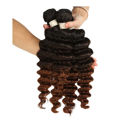 RitzWigs Rebecca fashion Peruvian Remy human hair bundles in a deep wave texture with a three-tone ombre colour.
