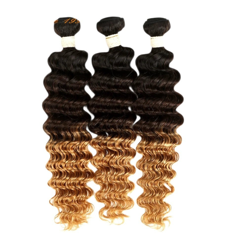 RitzWigs Rebecca fashion ombre deep wave Peruvian human hair bundles in a three-tone brown and blonde colour gradient.