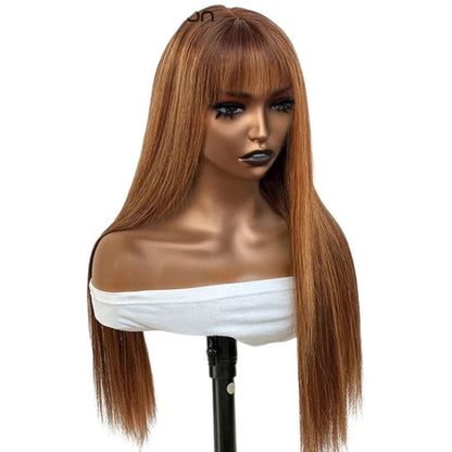 RitzWigs Rebecca Fashion straight human hair wig with bangs in P4/30/27 highlight colour on a mannequin head