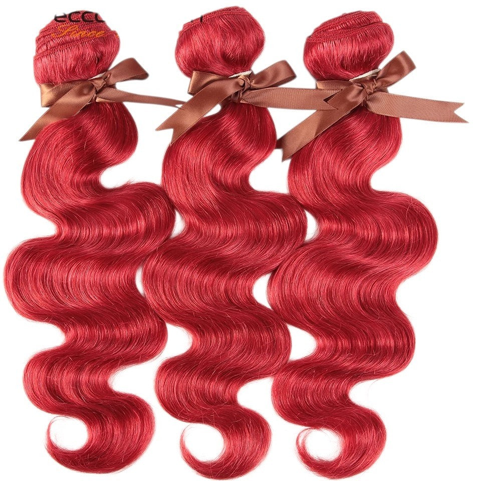 RitzWigs Rebecca Brazilian human hair bundles in a vibrant red burgundy body wave texture with machine double wefts.