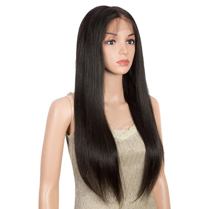 RitzWigs Rebecca straight human hair lace front wig with transparent lace and middle part on a mannequin