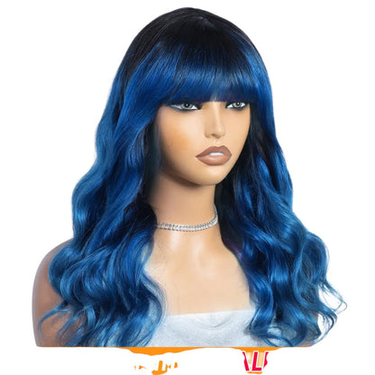 RitzWigs Rebecca Youth T1B blue ombre body wave human hair wig with bangs on a mannequin head
