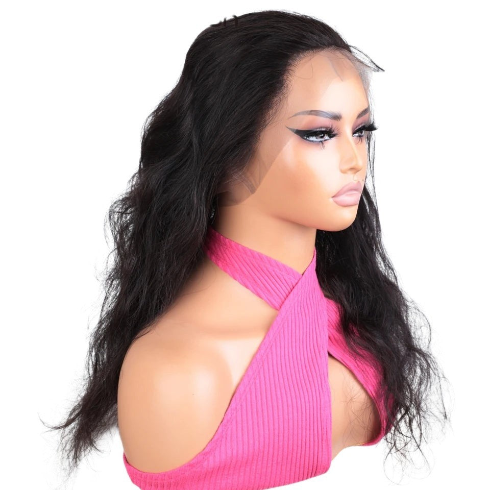 RitzWigs Rebecca Youth body wave Brazilian human hair 360 lace frontal closure with transparent Swiss lace on a mannequin