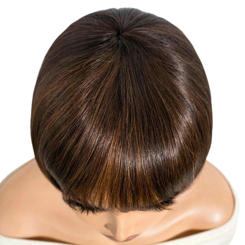 RitzWigs Rebecca Youth short straight human hair bob wig with bangs, top view showing natural dark brown hair texture