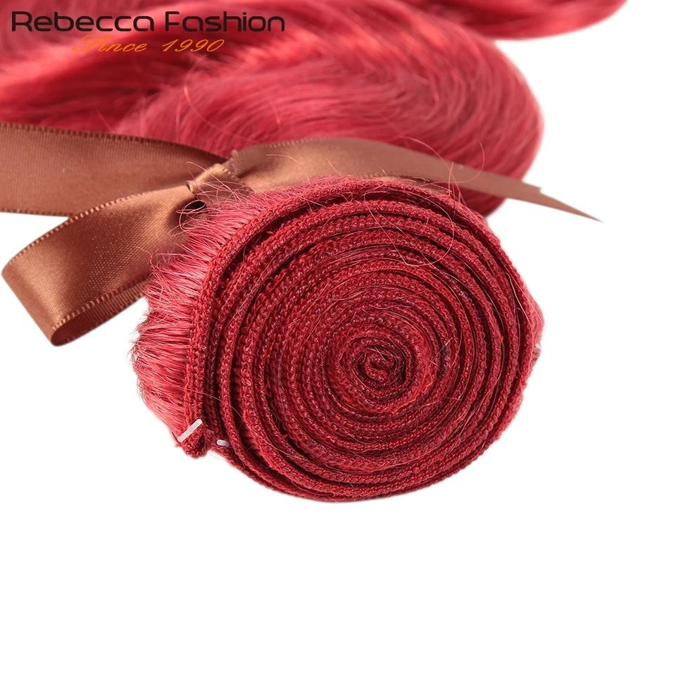 RitzWigs red burgundy Brazilian human hair body wave bundle with a brown ribbon tie on a white background.