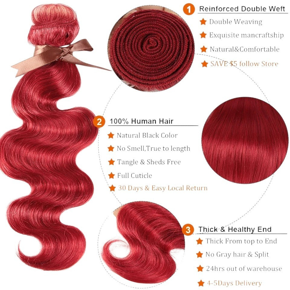 RitzWigs red burgundy Brazilian body wave human hair bundle with reinforced double weft and thick healthy ends.