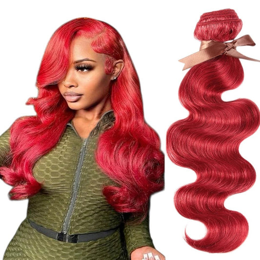 RitzWigs red burgundy Brazilian body wave human hair bundle with a soft wavy texture and machine double weft.