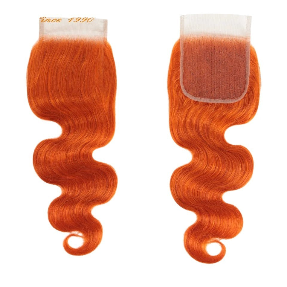RitzWigs 4x4 straight red human hair lace closure with transparent Swiss lace and pre-plucked hairline.