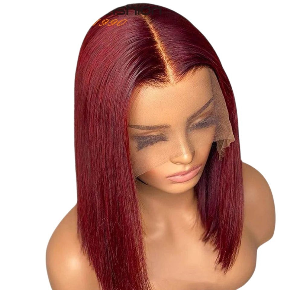 RitzWigs short straight bob wig in deep red human hair with a transparent lace front and middle part on a mannequin