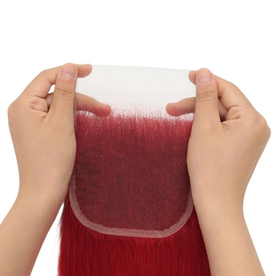 RitzWigs 4x4 straight red human hair lace closure with transparent Swiss lace base held by hands