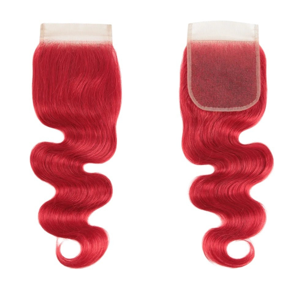RitzWigs red human hair 4x4 lace closure with wavy texture and transparent Swiss lace base