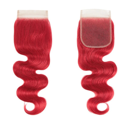 RitzWigs red human hair 4x4 lace closure with wavy texture and transparent Swiss lace base