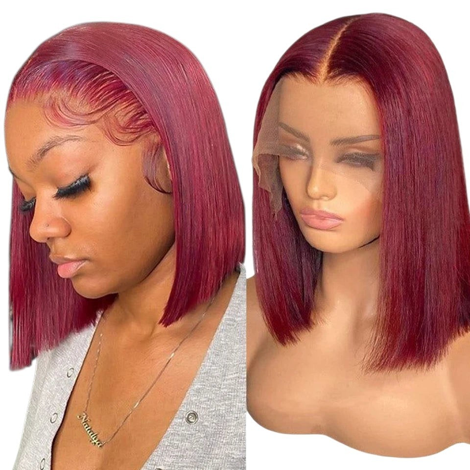 RitzWigs short reddish brown straight bob lace front human hair wig on a model and mannequin head