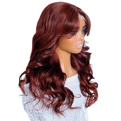 RitzWigs reddish brown body wave human hair lace front wig on a mannequin head with transparent lace