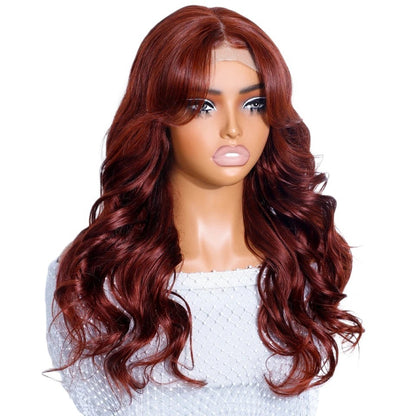 RitzWigs reddish brown body wave human hair lace front wig with honey blonde highlights on a mannequin head