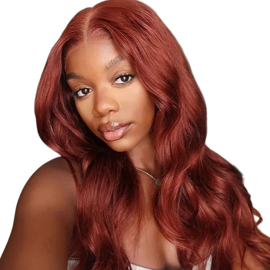 RitzWigs reddish brown body wave human hair lace front wig with pre-plucked hairline on a woman