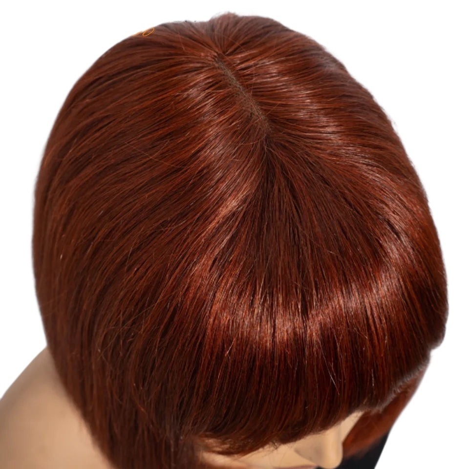 RitzWigs reddish brown Brazilian human hair straight bob wig with bangs and natural-looking scalp detail