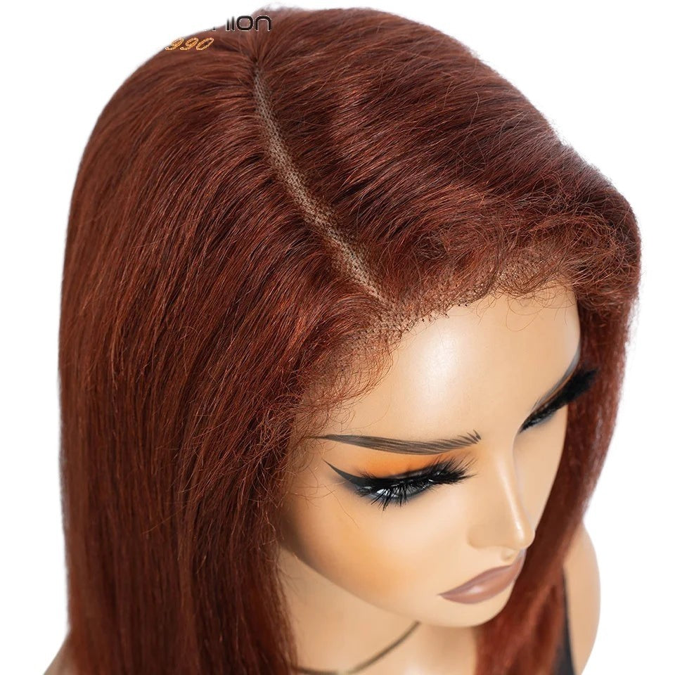 RitzWigs 14-inch reddish brown kinky straight bob human hair lace wig with a natural side part on a mannequin head.