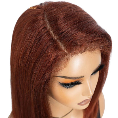 RitzWigs 14-inch reddish brown kinky straight bob human hair lace wig with a natural side part on a mannequin head.