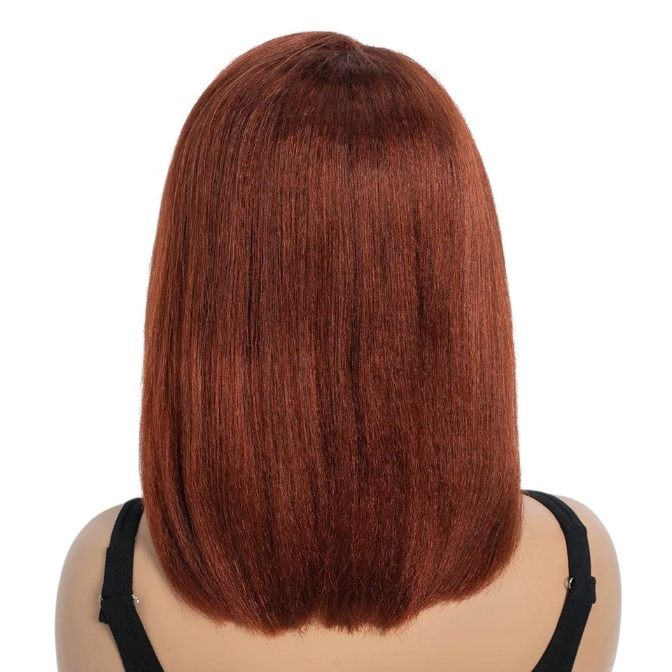 RitzWigs reddish brown kinky straight bob human hair lace wig on a mannequin, back view showing 14-inch length.