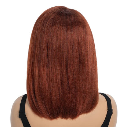 RitzWigs reddish brown kinky straight bob human hair lace wig on a mannequin, back view showing 14-inch length.