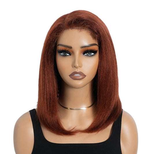 RitzWigs 14-inch reddish brown kinky straight bob lace wig on a mannequin with a natural hairline and side part.
