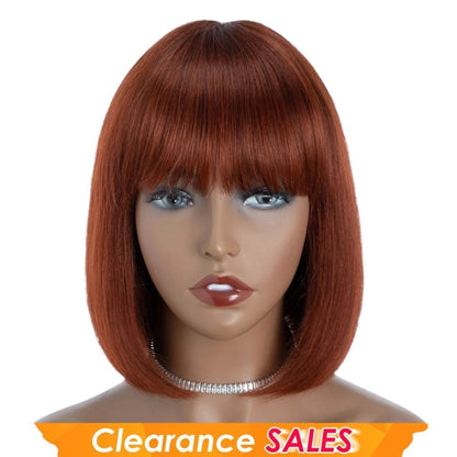 RitzWigs reddish brown short straight bob wig with bangs made of Brazilian human hair on a mannequin head