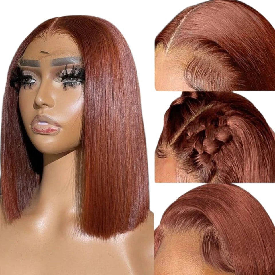 RitzWigs reddish brown straight bob lace front human hair wig on a mannequin head with detailed lace part view