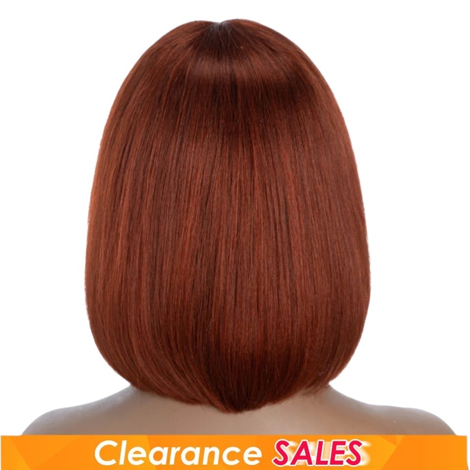 RitzWigs reddish brown straight bob human hair wig with bangs on a mannequin head